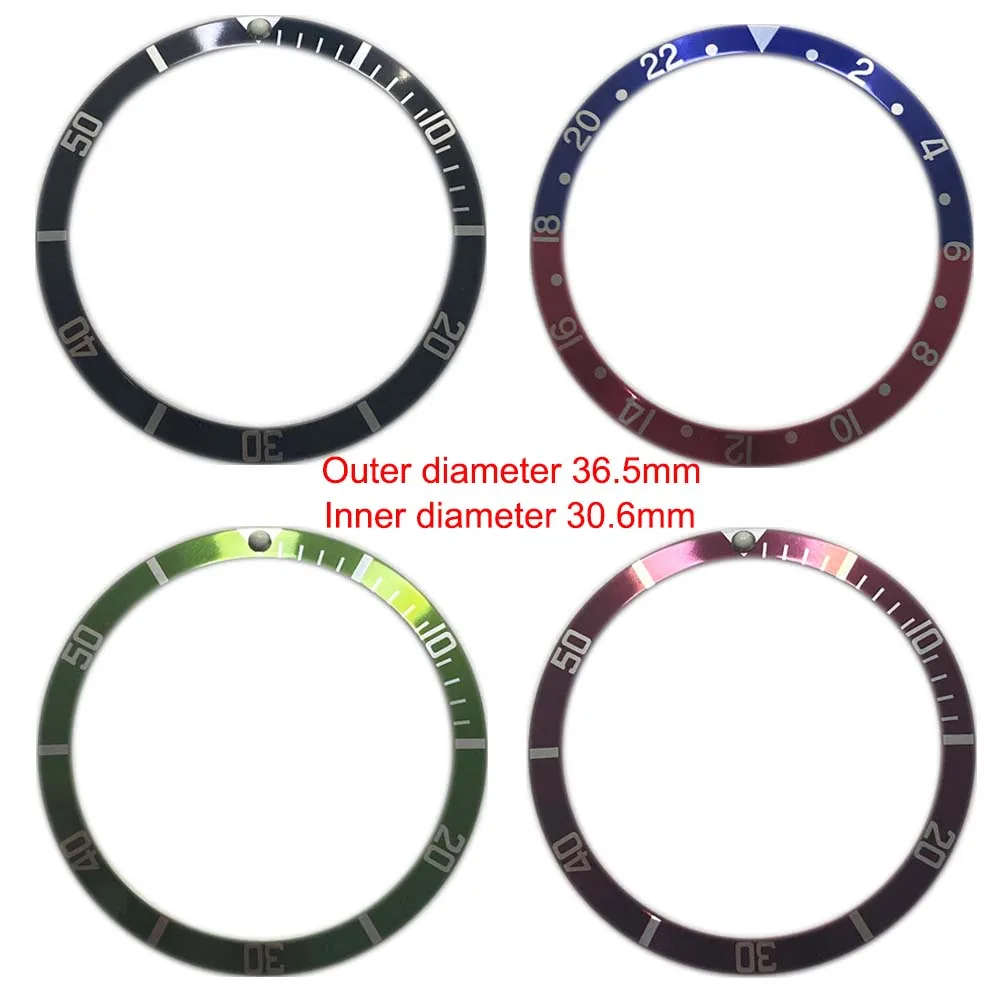 36.5mm Watch Bezel Aluminum Insert Ring 30.6mm Inner Diameter Replacement Black/Green/Red/Blue Bezels for Wristwatch Accessories