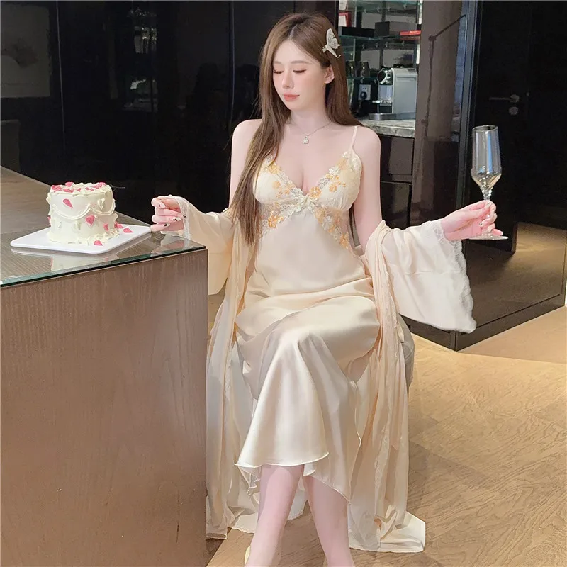 Pajamas Women's Long Nightgown with Chest Pad Two-piece Set High-end Elegant Long Skirt Nightgown Loungewear