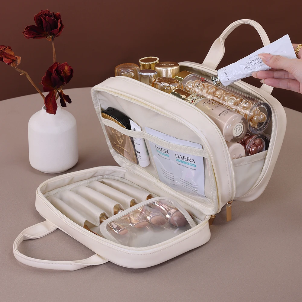 Przenośna kosmetyczka podróżna ze skóry PU Dwuwarstwowa kosmetyczka w jednolitym kolorze Torebka o dużej pojemności Organizer na kosmetyki