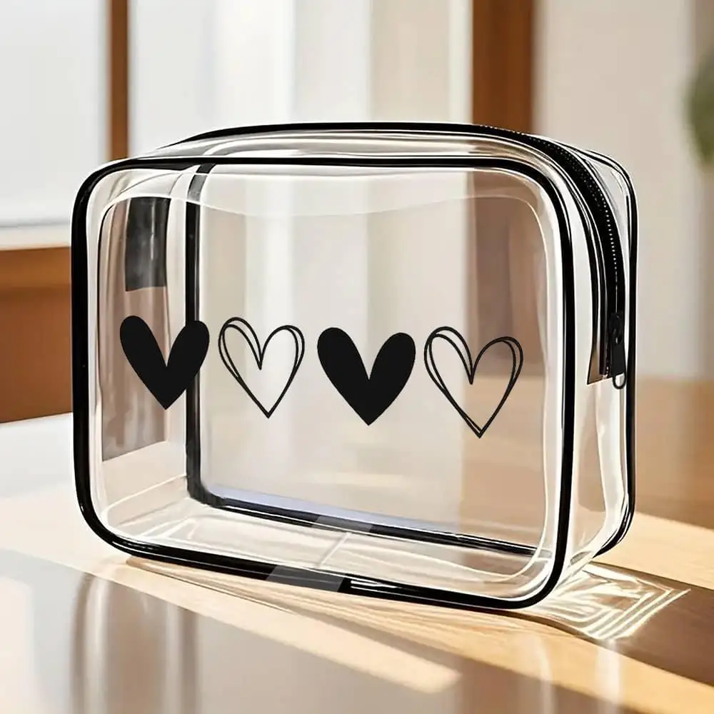 Women's Black & White Heart Pattern Cosmetic & Travel Organizer Bag - Medium Size Clear-Front Design with Black Edges, Durable L
