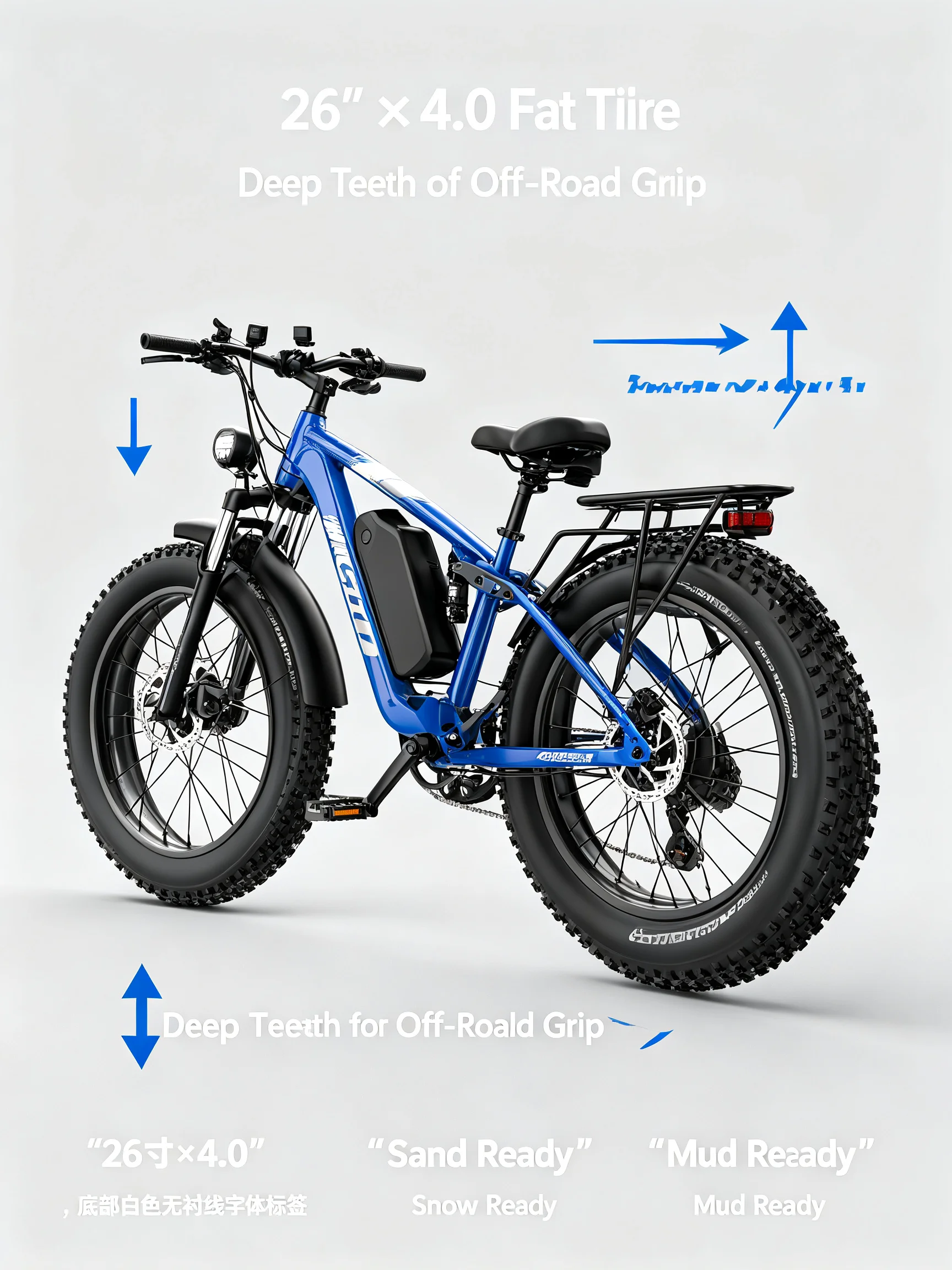 COASTA CT8 Blue 26"×4.0 Fat Tire Electric Bike Dual Motor Full Suspension E‑Bicycle 3000W Peak 60V Removable Battery Hydraulic Disc Brake Shimano 7‑Speed LCD Display LED Headlight Max Load 150KG For Snow Beach Mountain Off‑Road Riding view 5