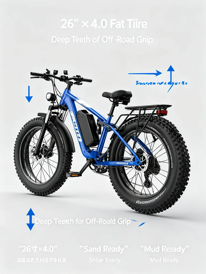 COASTA CT8 Blue 26"×4.0 Fat Tire Electric Bike Dual Motor Full Suspension E‑Bicycle 3000W Peak 60V Removable Battery Hydraulic Disc Brake Shimano 7‑Speed LCD Display LED Headlight Max Load 150KG For Snow Beach Mountain Off‑Road Riding image 5