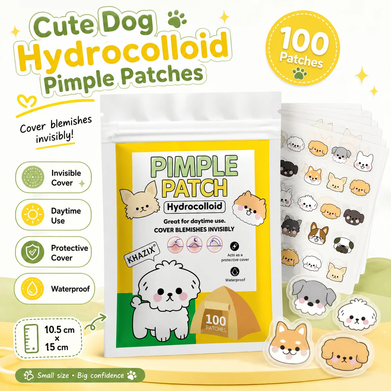 100pcs Cute Dog Pimple Patches, Hydrocolloid Acne Spot Stickers, Adorable Puppy Blemish Cover Patches for Face, Waterproof Day &