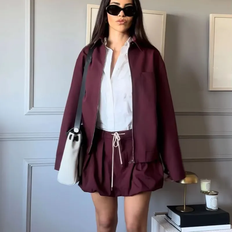 Women Fashion Suits 2024 Autumn New Wine Red Turn Down Collar Long Sleeves Zipper Jackets Lantern Lace Up Mini Skirt Female Sets