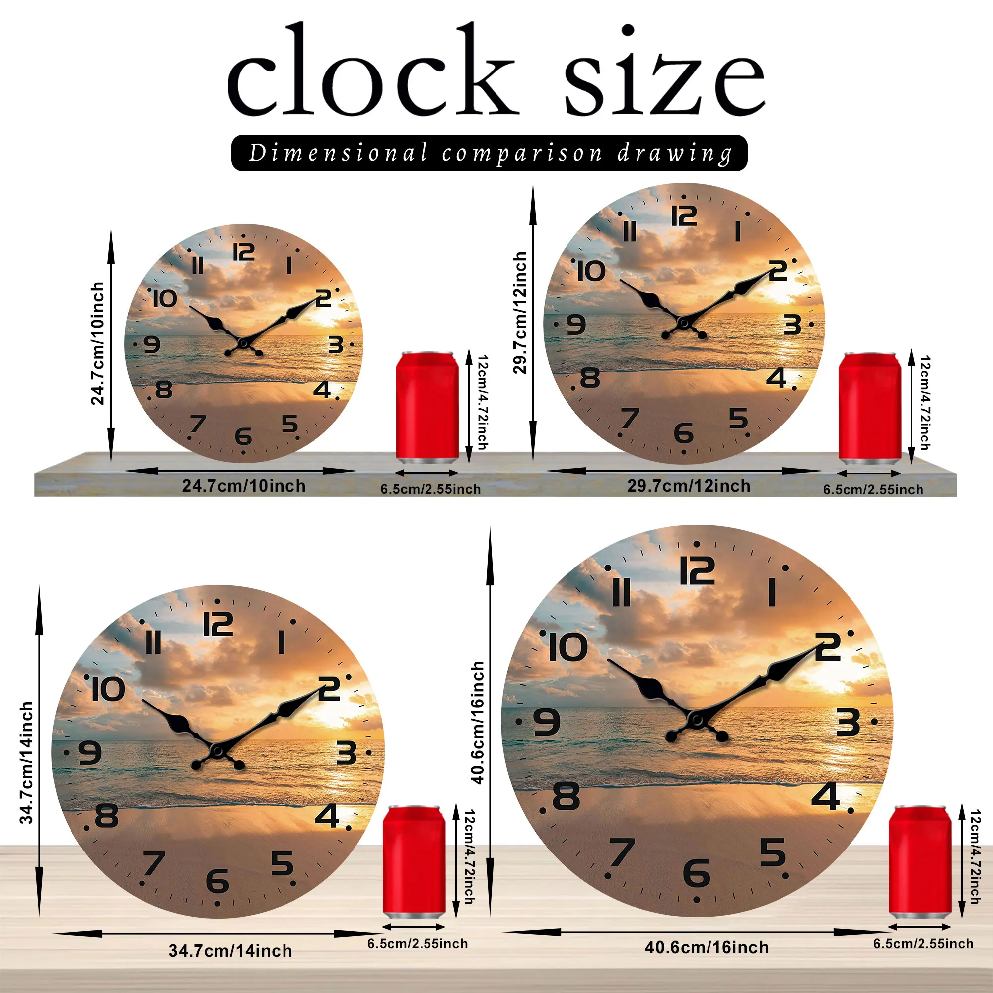 غروب الشمس على الشاطئ مع ساعة حائط صامتة، ساعة حائط خشبية مستديرة، مناسبة لغرفة المعيشة وغرفة النوم وديكور الغرفة،