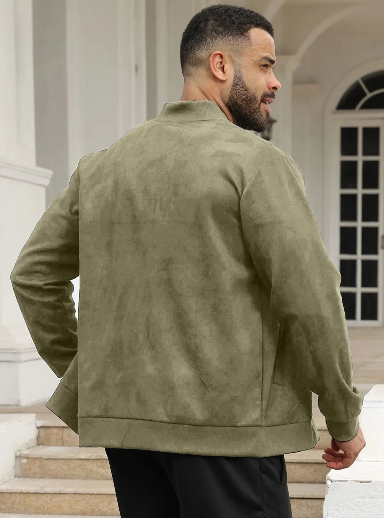 Herren-Wildlederjacke mit durchgehendem Reißverschluss, Stehkragen, lässig, langärmelig, einfarbig, leichte Streetwear-Oberbekleidung – Detail 11