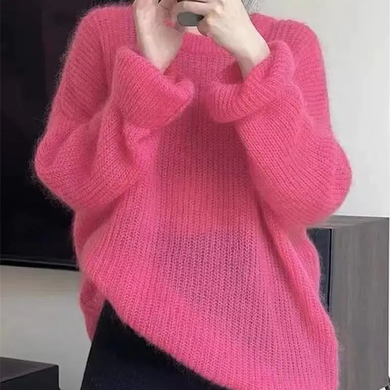 Limiguyue Causal Rose Red Wool Cashmere Sweater Women O-neck Thin Knit Pullover Versatile Loose Soft Knitwear Autumn Winter 365P