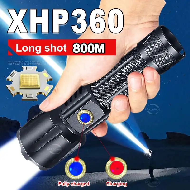 

Powerful XHP360 Flashlight Rechargeable LED Torch Lighting 1500M Waterproof 50W Hand Lamp High Power Led Flashlights Power Bank