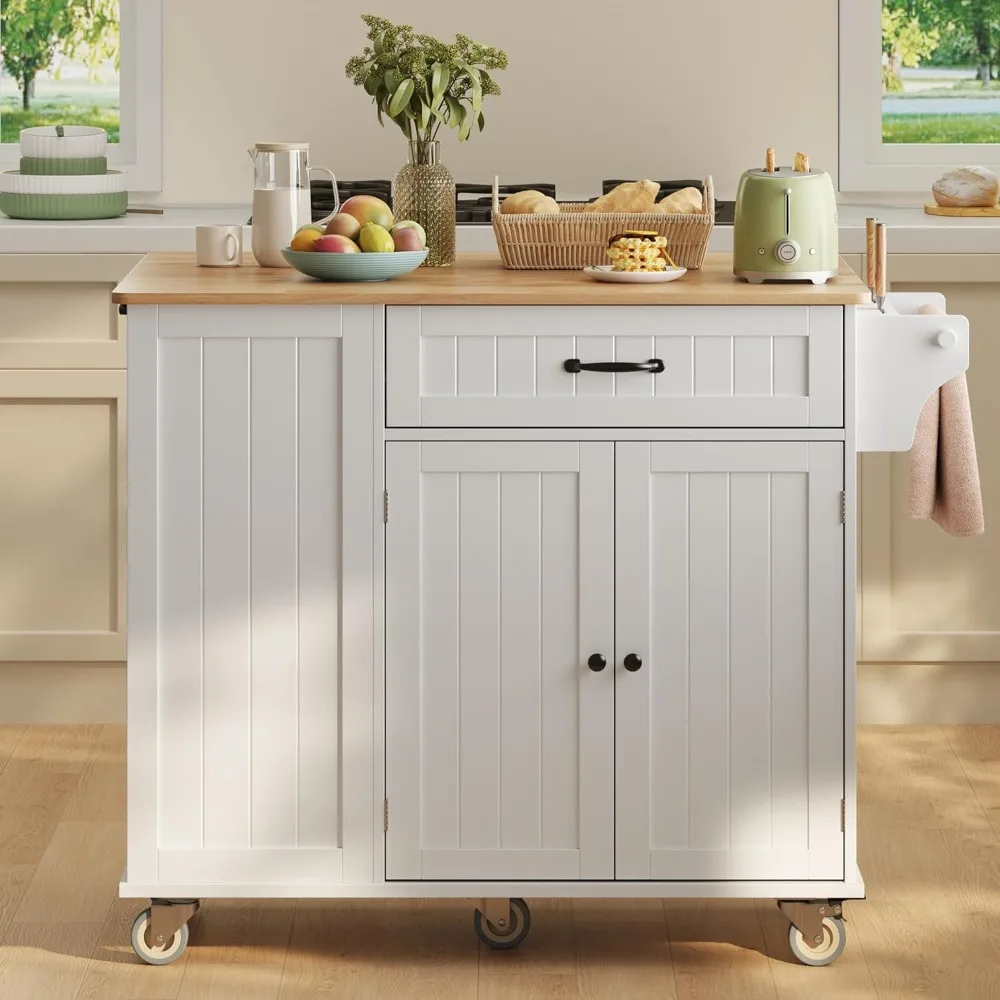 

Kitchen Island with Storage, 44.49 Kitchen Island with Trash Can Storage, Drop Leaf Rubberwood Top, Knife Holder