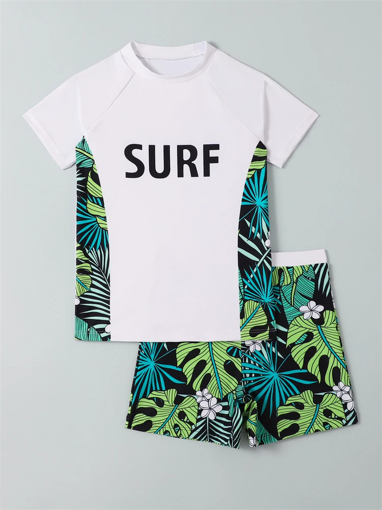 Boy Swimsuit Kids Swimwear 2024 New Black Short Sleeves Letters Leaves Children Bathing Suit Summer Two Piece Beachwear Swimming