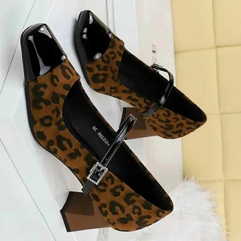 BIGTREE Shoes Leopard Print Women Pumps Suede Middle Heel Shoes Sexy Mary Jane Shoes Rhinestone Buckle Ladies Shoe Square Head