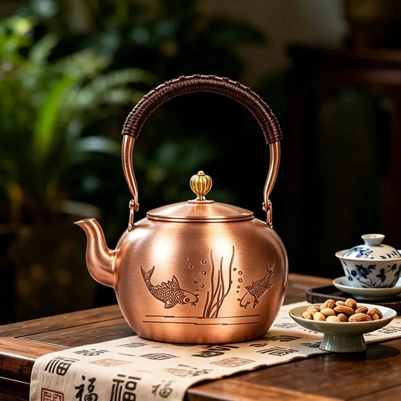 Handmade Pure Copper Kettle Carved Fish Horse Pattern Rope Handle For Electric Stove Tea Brewing