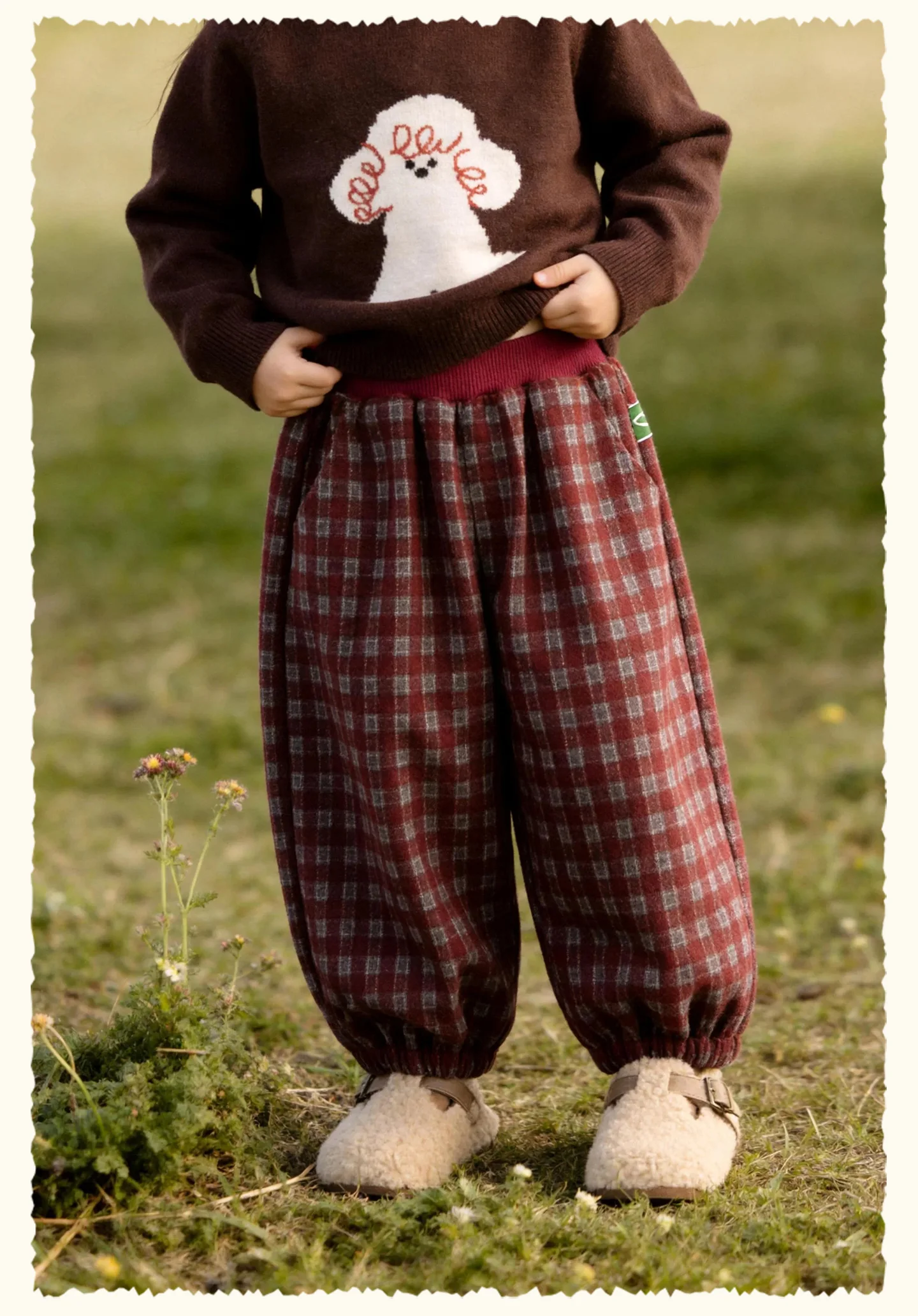 Amila 2026 Herbst Neue Kinder-Freizeithose Vintage Kariert Wolle-Optik Häschen-Applikation Laternenhose Modisch Bequem Tägliche Lange Hose – Detail 17