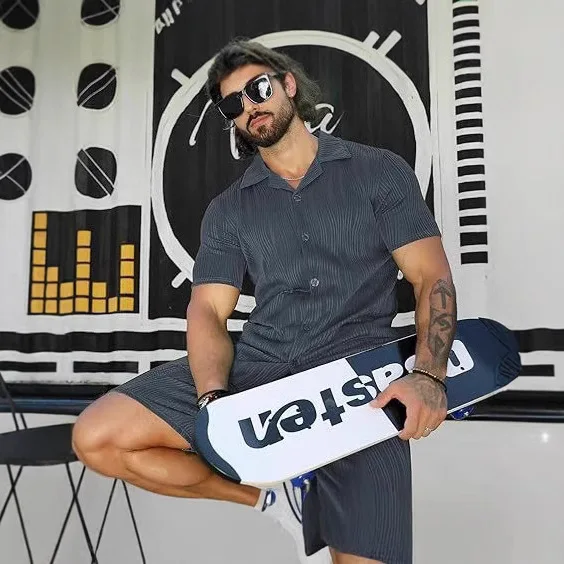 

Summer Men's Casual 2 Piece Set Short Sleeve Button Shirt & Drawstring Shorts American Fashion Streetwear Daily Outfit