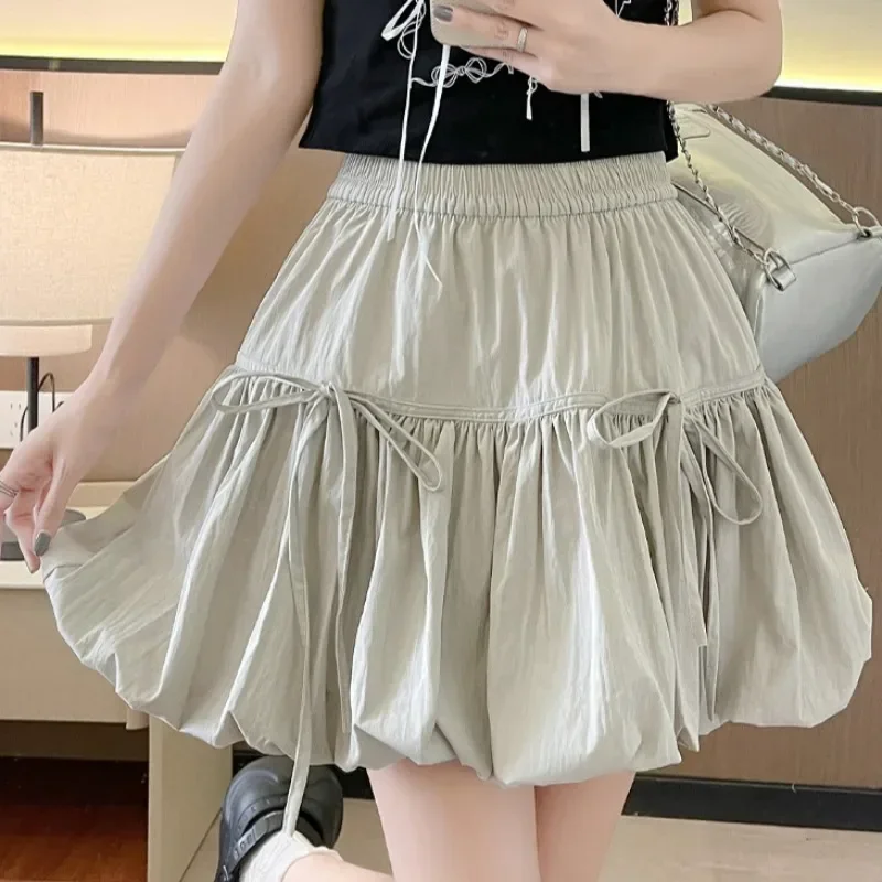 

Solid Bow Pleated Skirts For Women Fashion French Women's High Waist Puffy Mini Skirts Female Street A-Line Short Skirt