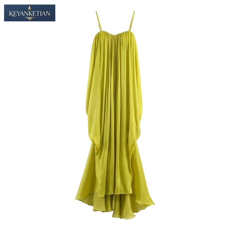 

KEYANKETIAN Romantic Goddess Chiffon Evening Gown Loose Cut Ruched Bust, Thin Straps & Draped Flowing Floor-Length Hem Dress
