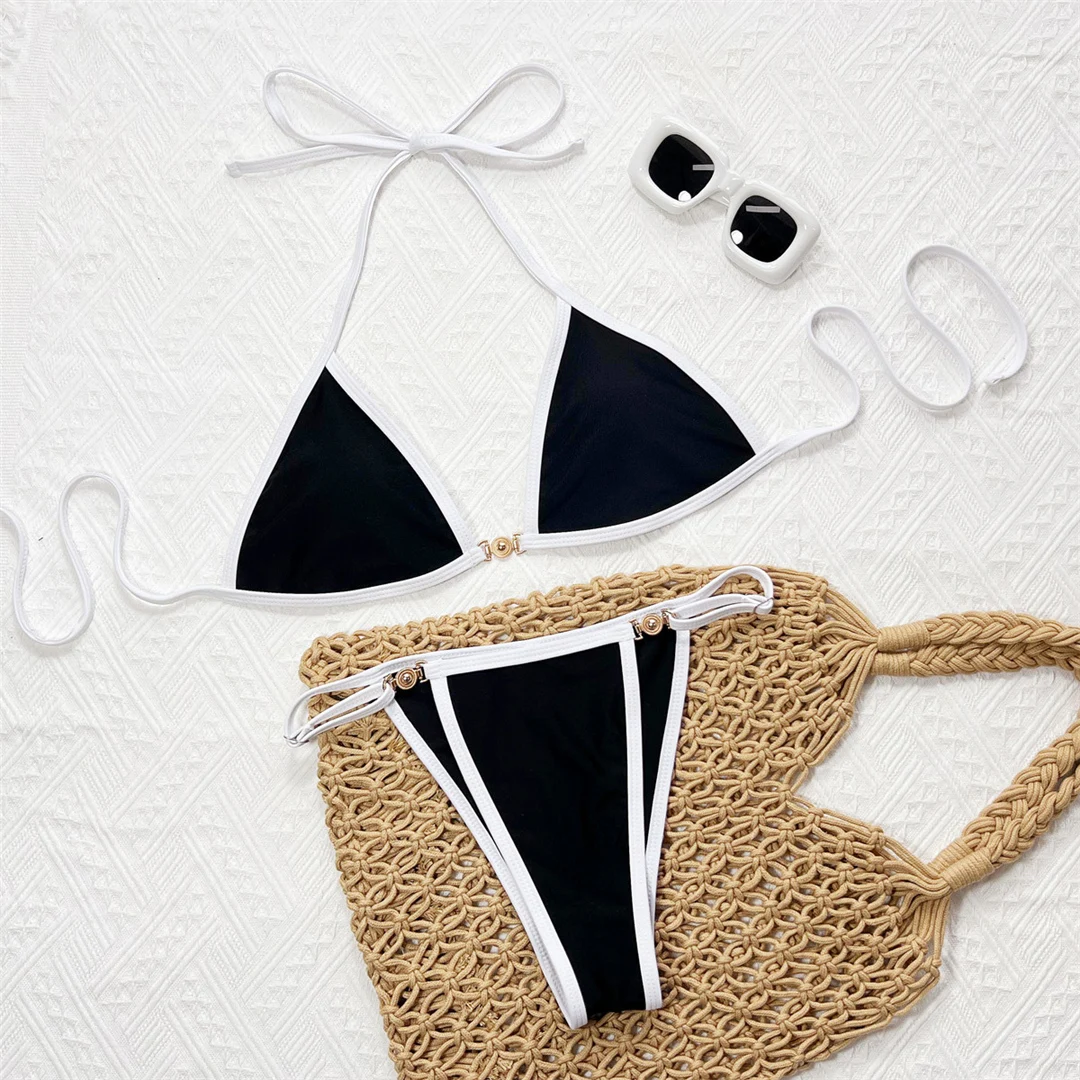 Splicing Neckholder-Bikini mit hohem Beinausschnitt, Damen-Badeanzug, zweiteiliges Bikini-Set, gepolsterter Badeanzug, Badebekleidung, Schwimmanzug V7038 – Detail 9