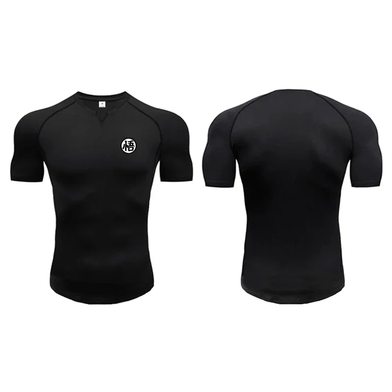 Mens Casual Sportswear Trainning Exercise T-Shirts Anime Wu Font Slim Fit Fitness Shirt Tight Gym Clothing Quick Dry Summer Tees
