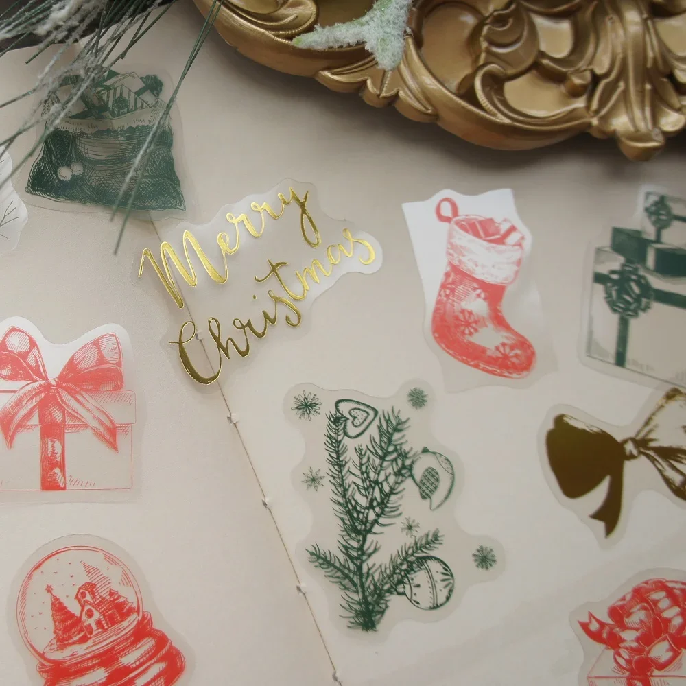 

28pcs Gold Christmas Gift Box Bow Bell Pine Style Transparent Sticker Scrapbooking DIY Gift Decoration Tag