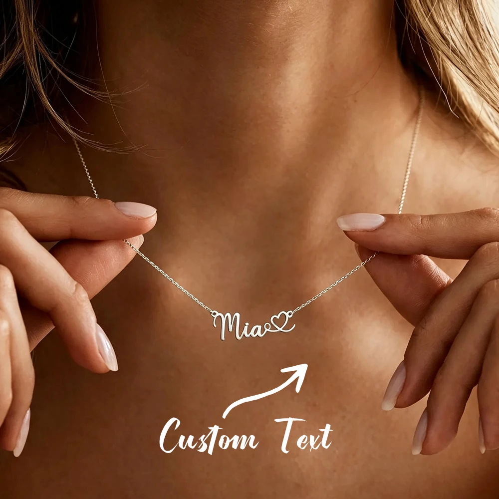 Custom Name Necklace with Tiny Heart Personalized Cursive Script Letter Pendant Stainless Steel Dainty Jewelry Gift for Women