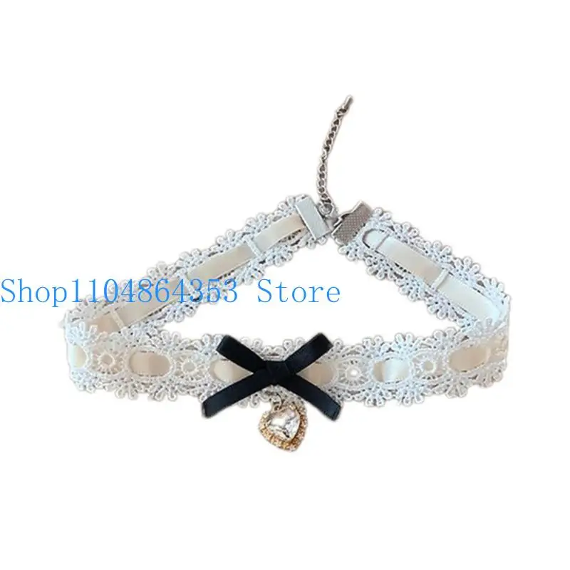 

652F кружевное ожерелье ручной работы на ключице с бантом и сердечком для женщин, элегантные ювелирные изделия