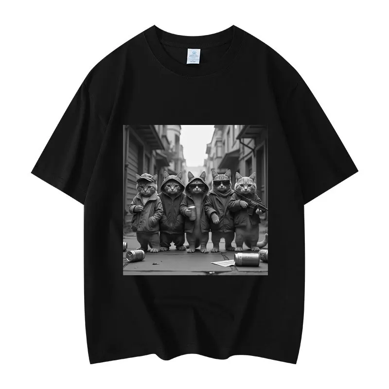 Modisches Retro-Kurzarm-T-Shirt aus hochwertiger Baumwolle für Herren und Damen, lustiges Cat Gang Meme-Muster-T-Shirt