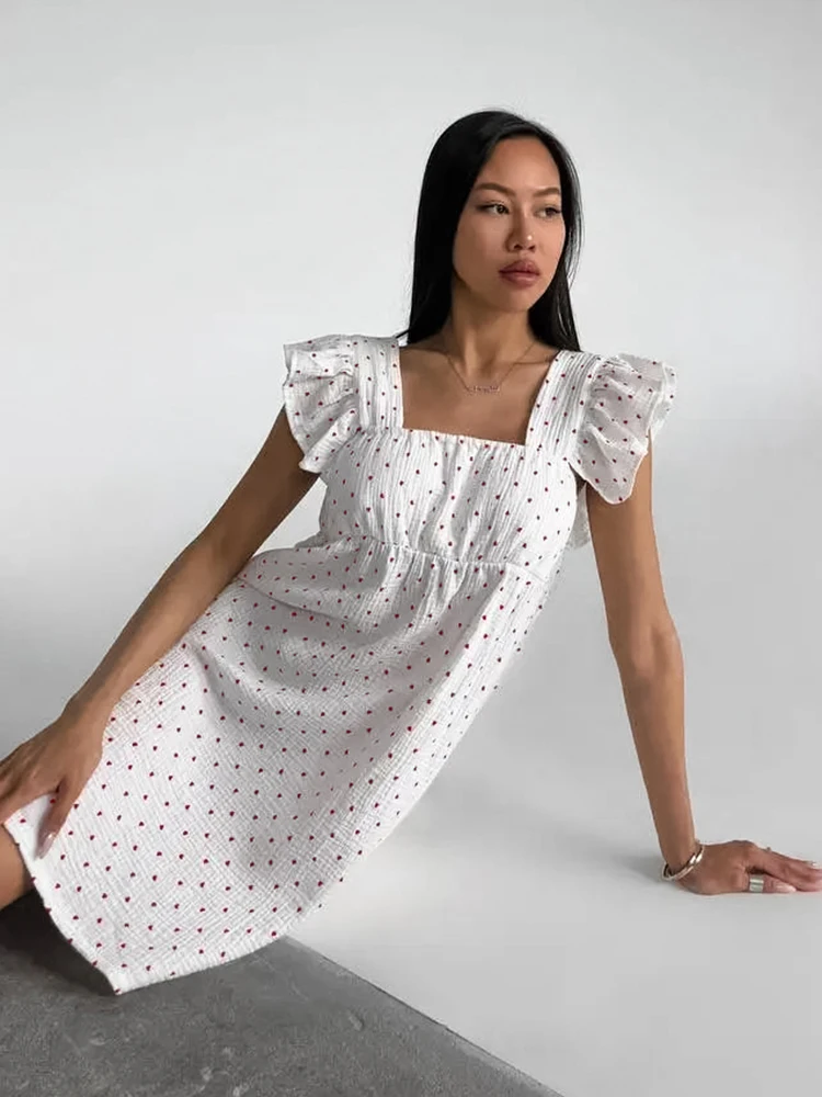 HiLoc Summer Print Cotton Night Dress Women Casual White Square Collar A-Line Pajamas Dresses Elegant Short Sleeve Nightwears