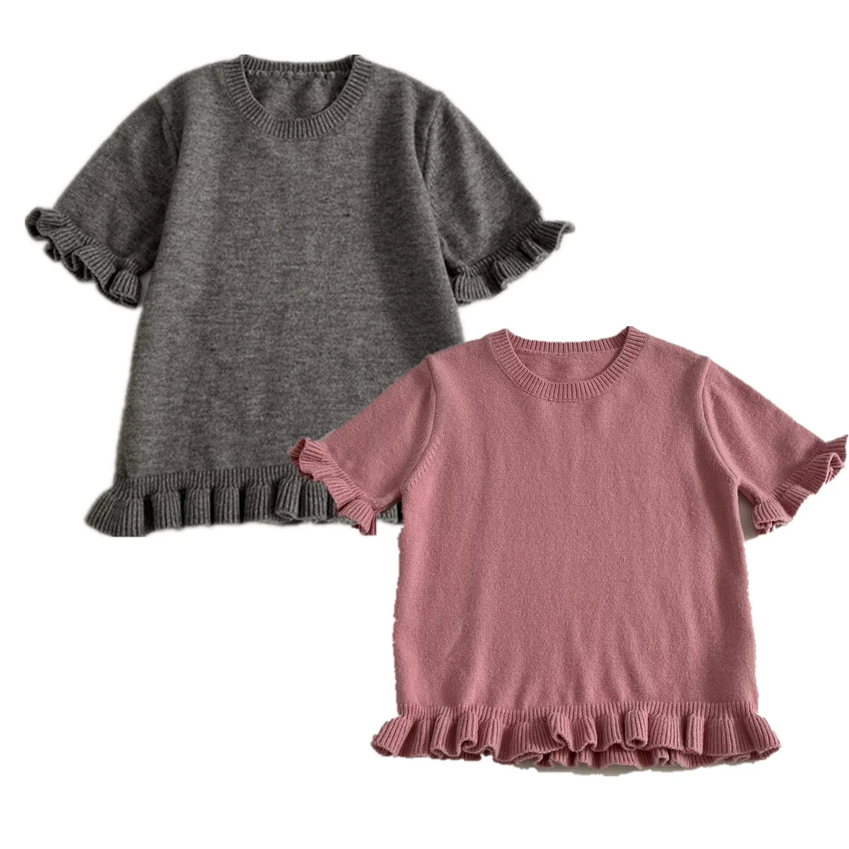 

Jenny&Dave 2026 Spring T-shirt Woman Clothes Minimalist Solid Color Round Neck Layered Lace Knit T-shirt Women Pullover Tops