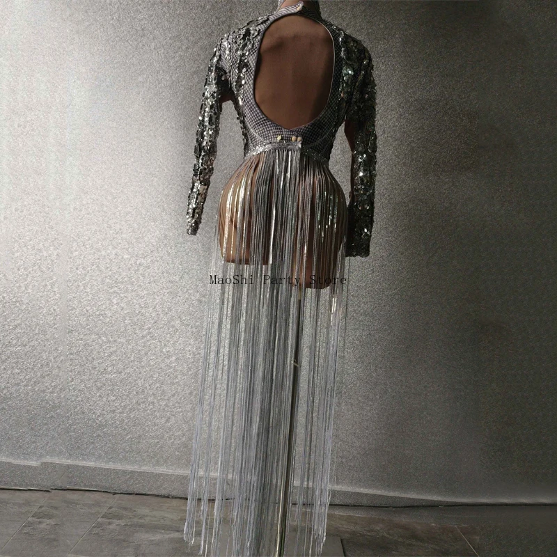 Silver Big Stones Sequins Outfit Sexy Backless Long Fringed Bodysuit Women Stage Festival Clothes Drag Queen Costume XS6838