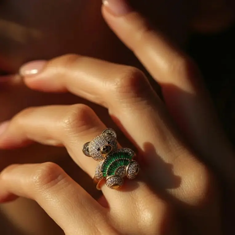 Bear Ring Copper Multicolor Cute Animal Jewelry Gift for Women Fashion Design with Zircon Non Tarnish Accessories‌