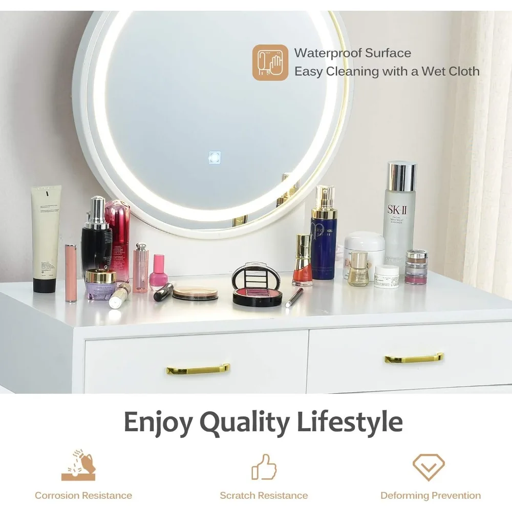 مجموعة فانيتي مع مرآة مضاءة خافتة تعمل باللمس، 3 أوضاع إضاءة ملونة، طاولة تزيين مكياج لغرفة النوم الحديثة مع