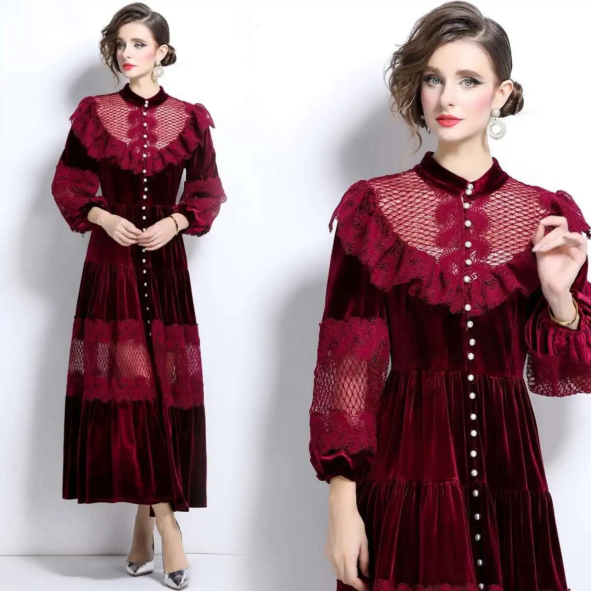 แฟชั่นฤดูใบไม้ร่วงฤดูหนาวเดี่ยวไข่มุกแขนยาวลูกไม้กํามะหยี่ชุดผู้หญิง Ruffles สาย Maxi Prom Dresses Lady