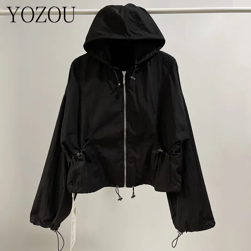 [YOZOU] Autumn Drawstring Thin Black Oversized Hooded Cropped Cargo Coat Gorpcore Zipper Jackets Outdoor Top Women Windbreaker