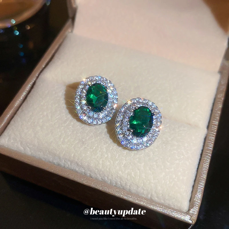 Silver Needle Emerald High Oval Cut Cubic Zircon Halo Hong Kong Style Retro Fashionable Simple Light Luxury Grade Earrings Women