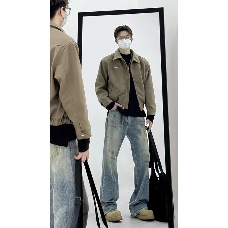 Khaki American shoulder pad jacket men's spring and autumn lapel cleanfit executive jacket retro short baseball uniform