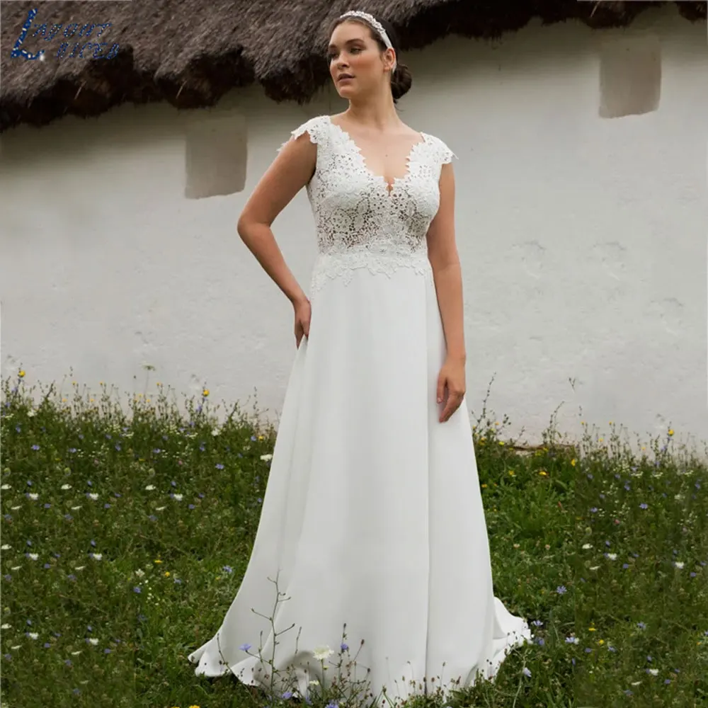 LAYOUT NICEB Plus Size Lace Chiffon Wedding Gowns Short Cap Sleeves Backless Bridal Dresses Back Buttons A-Line vestido de noiva