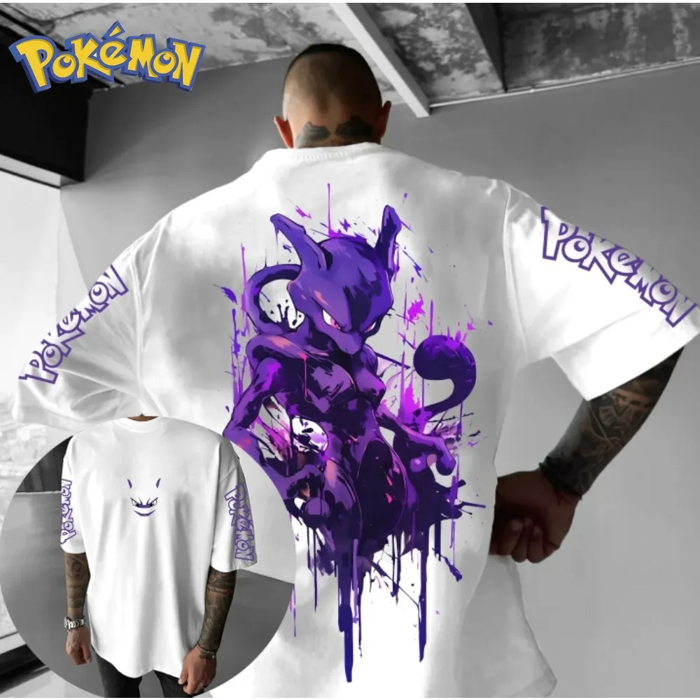 

Футболка с двусторонним принтом Pokémon Anime Mewtwo, мужская и женская, с короткими рукавами, новинка лета 2025, свободный повседневный топ в стиле Харадзюку