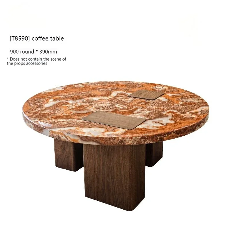 

Coffee Table - Round & Square Fusion Living Room Centerpiece Volcanic Stone Tea Table with Wooden Base