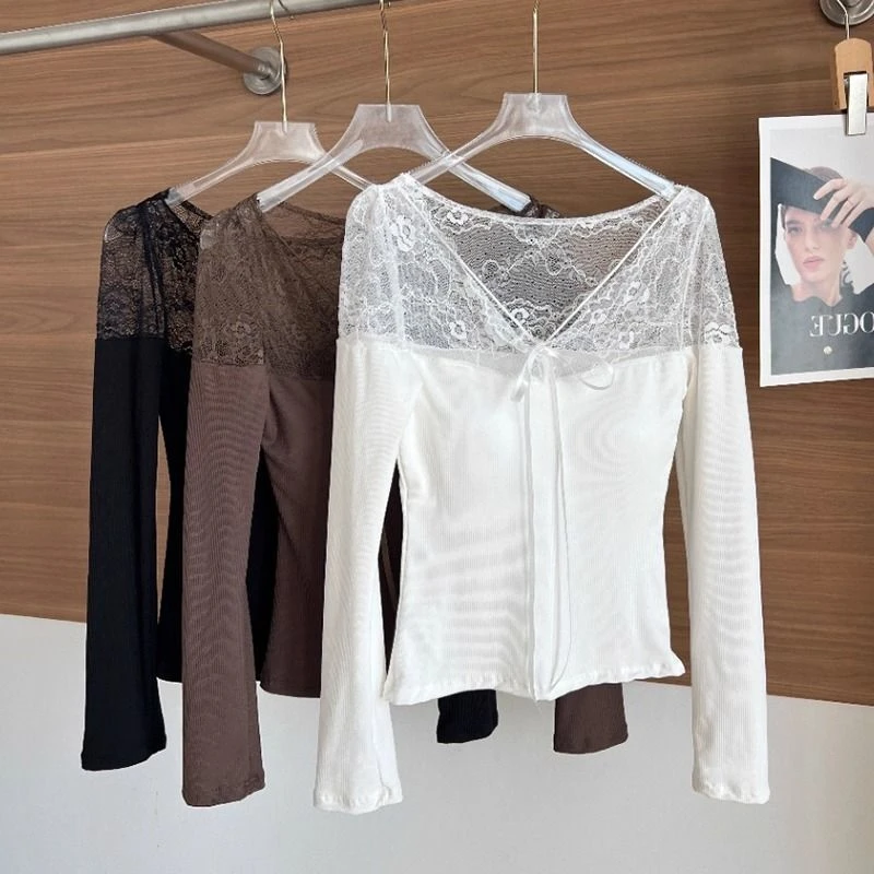Hollow Out Lace Patchwork White T Shirts Women Long Sleeve Basics Korean Y2k Clothes Bow Casual Laodes Black Tops Tees with Bra