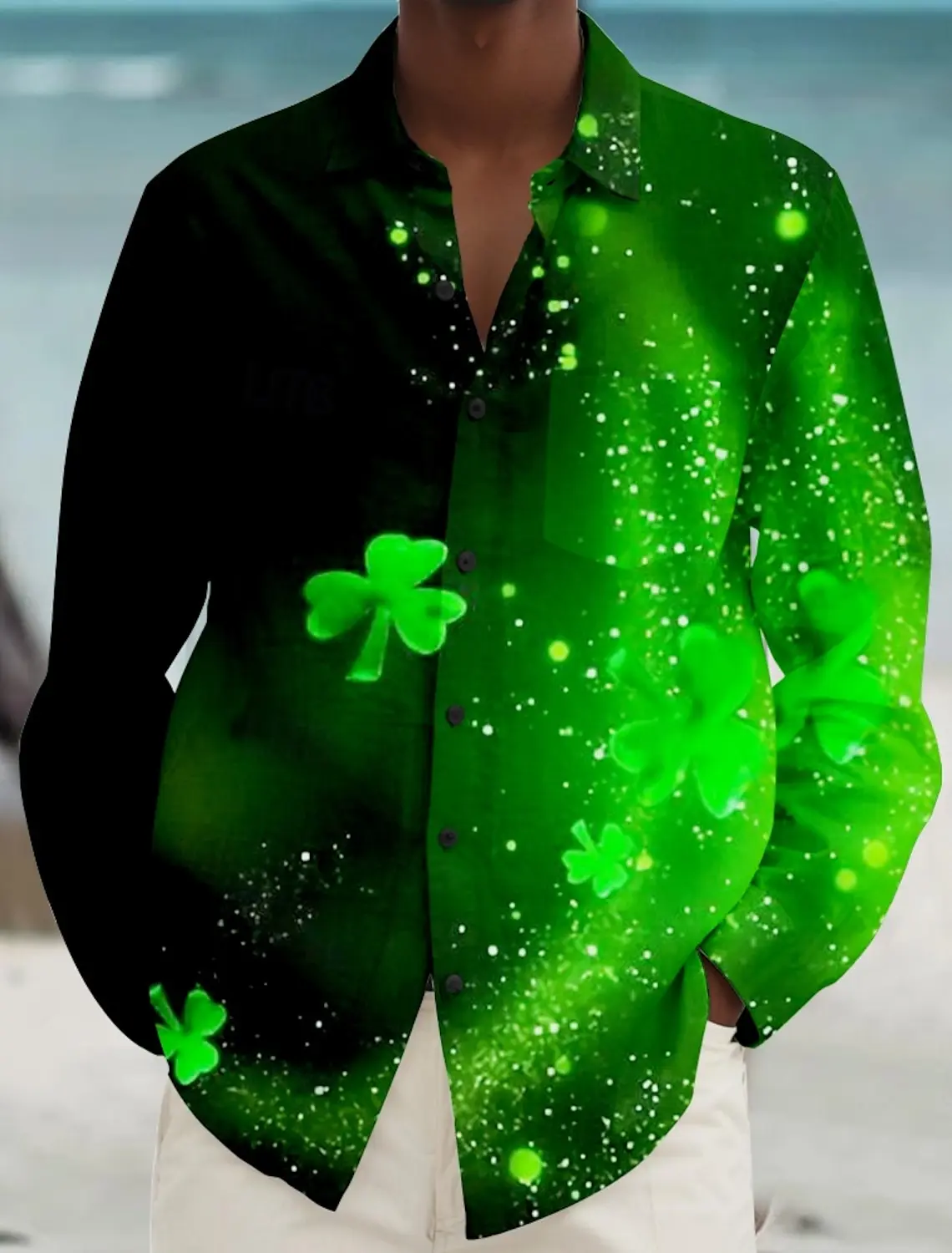 2025 St. Patrick Men\'s Shirts Shamrock Tuxedo Long Sleeve Shirt 3D Print Casual Shirt Green Summer Spring Clothing Apparel