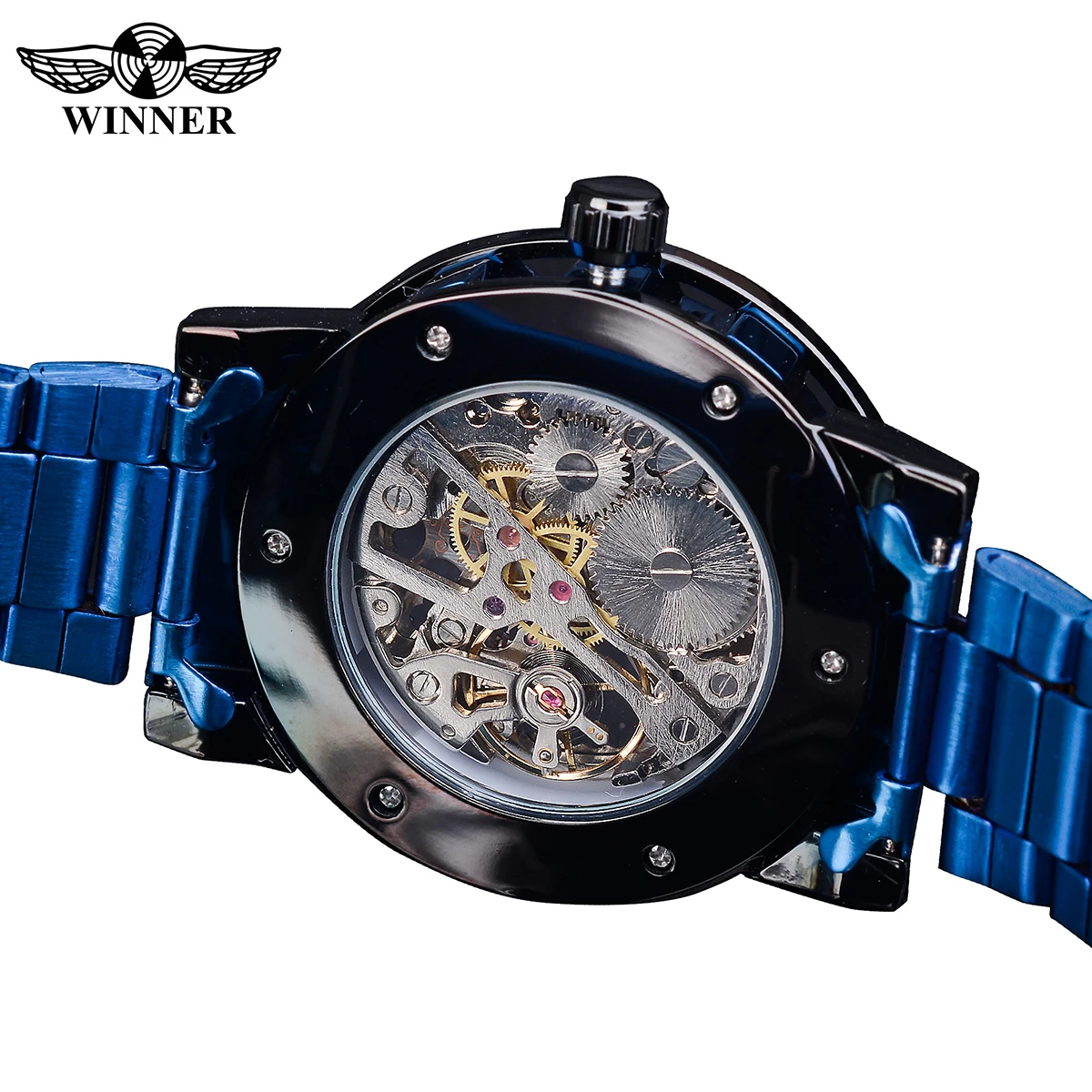 Winner Fashion Watches Classic Rhinestone Clock Roman Analog Male Skeleton Clocks Mechanical Stainless Steel Band Luminous Watch