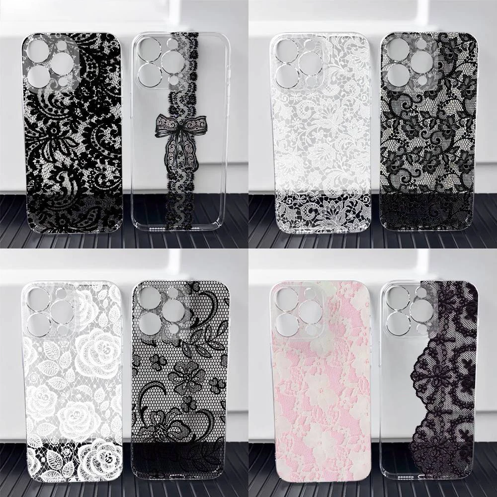 Black Lace Print Pattern Phone Case For Samsung A57 A07 A36 A26 A56 A16 A06 A55 A35 A25 A15 A05 A54 A34 A24 A14 Clear Back Cover