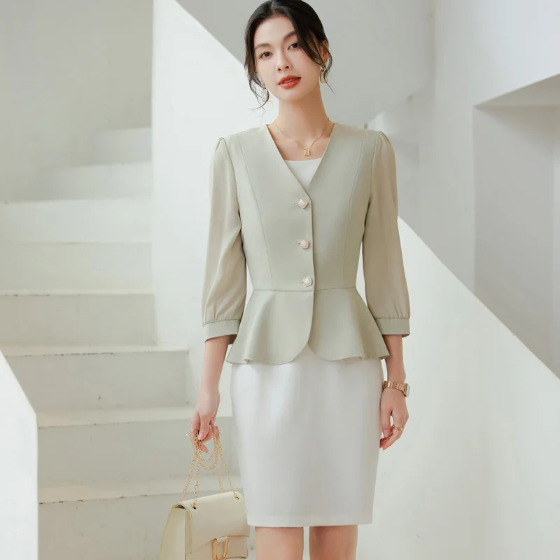 Women Formal 2 Pieces Set 2024 New Fashion Lantern Sleeve Jacket + White Dress Suit Office Ladies Business Blazers Skirt Set