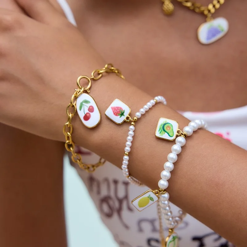 

Minar 2025 New Multiple Enamel Cherry Apple Strawberry Grape Imitation Pearl Charm Bracelets for Women 18K Gold Stainless Steel