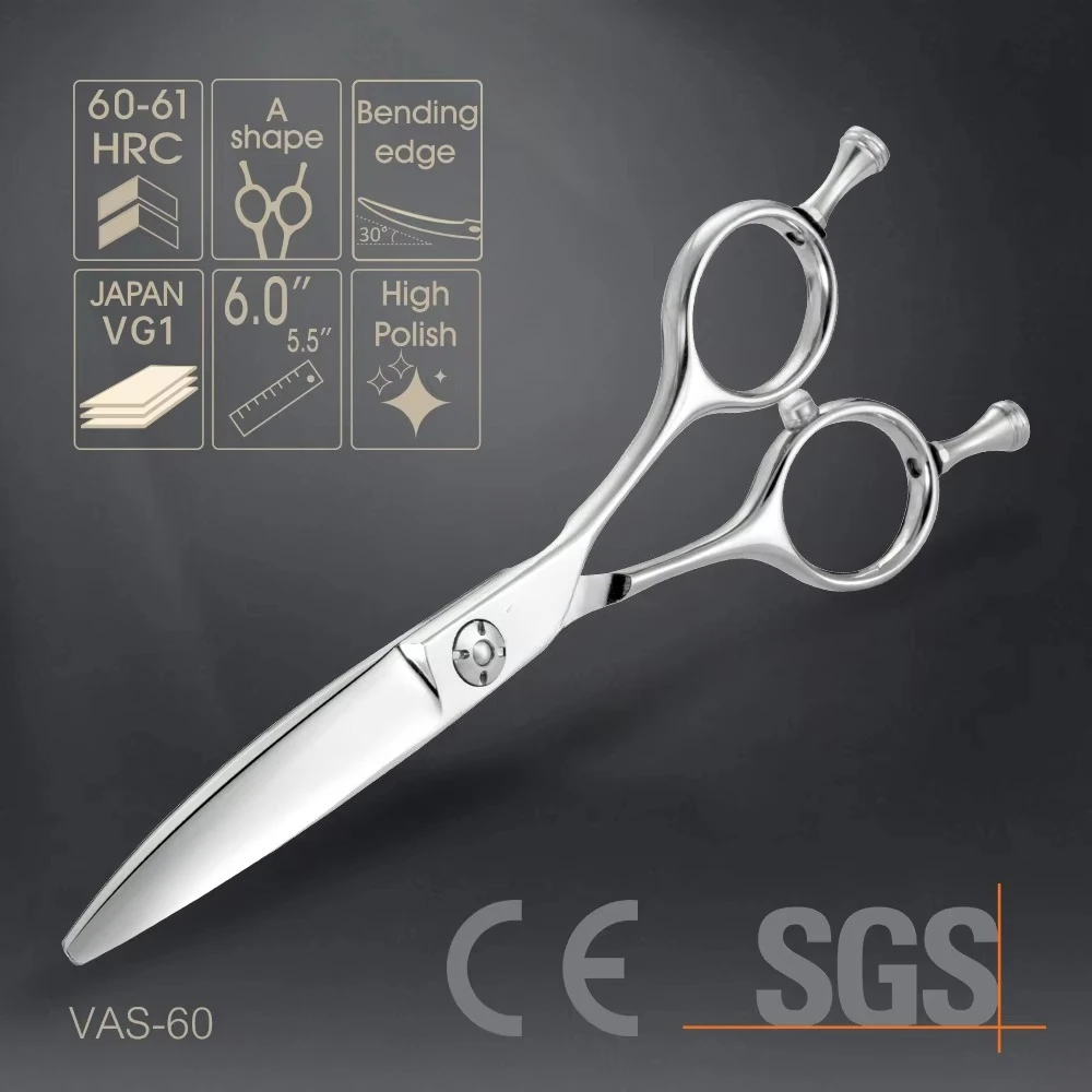 VAS-60 6.0 Inch Japanese VG1 Stainless Steel Curved Blade Mirror Polishing Silver Hair Scissors Shears Wholesale