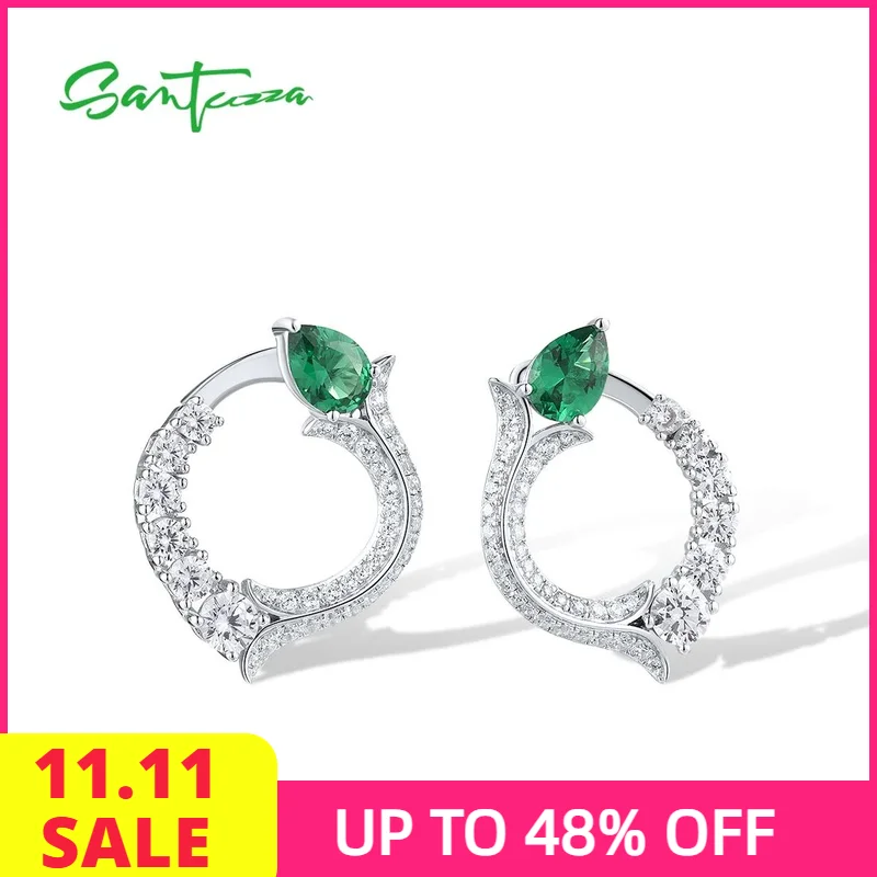 

SANTUZZA Authentic 925 Sterling Silver Stud Earrings For Women Sparkling White CZ Green Spinel Delicate Drop Round Fine Jewelry