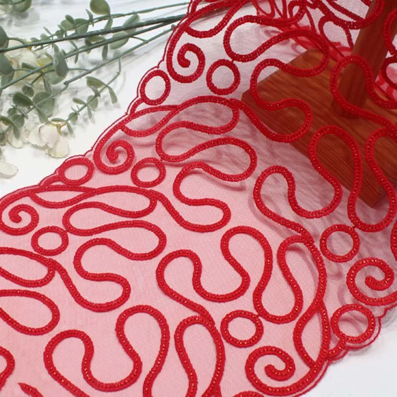 

32 ярда вышитого кружевного полотна для нижнего белья, современный блестящий кружевной материал с нерегулярным дизайном, 23 см, мягкая красная сетчатая кружевная отделка для женского белья
