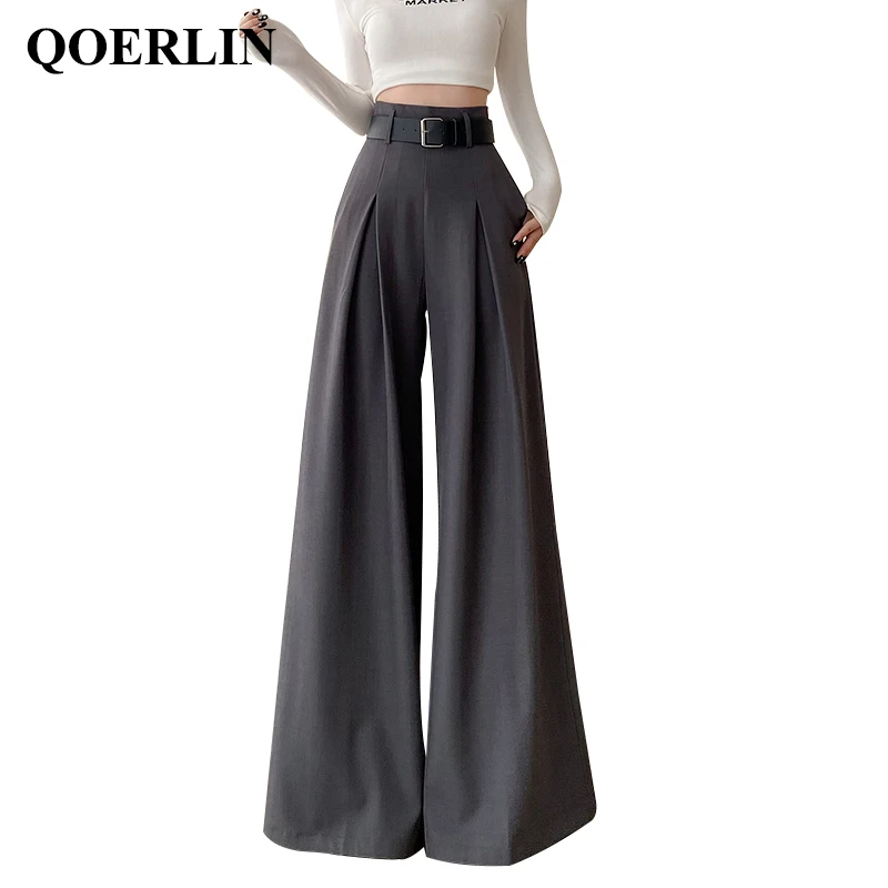 

QOERLIN Stylish Black Belt Wide-Leg Pants Women's Suit Pant High Waist Loose Full-Length Straight Casual Trousers High Fashion