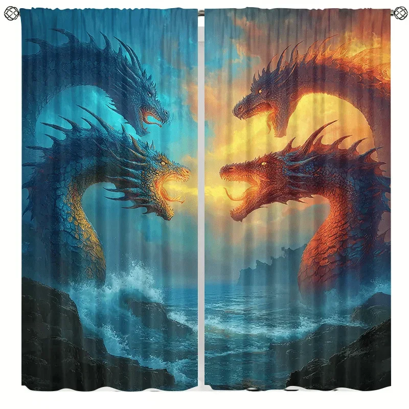 Four fiery dragons on the sea Print Drapes Room Darkening Window Curtains for Home Decor,Rod Pocket Blackout Curtains Bedroom