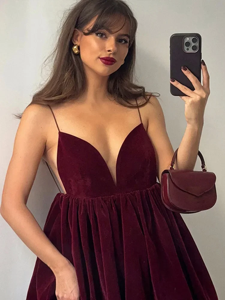 Sexy Velvet Party Dress Women Sling Deep V-neck Backless Pleated A-line Mini Dresses Female 2025 Early Spring Fashion Lady Robe